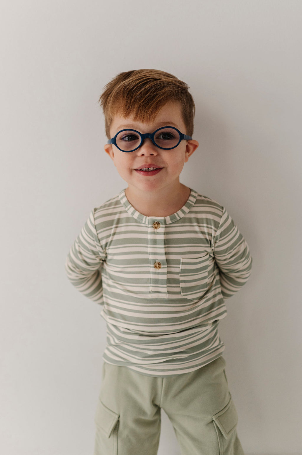 Boys Long Sleeve Henley Shirt in Sage Stripe